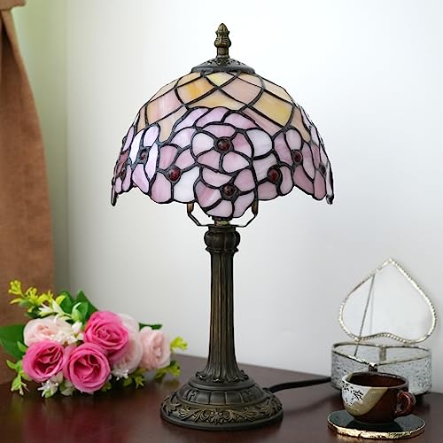 8 Inch Tiffany Cherry Blossom Table Lamp - Pink Stained Glass Bedside Decor