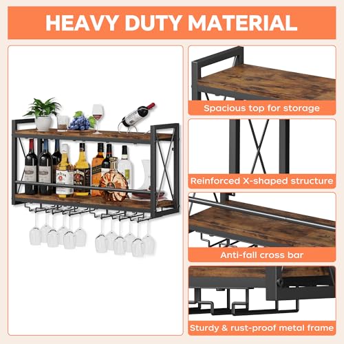 Homeiju 31.5W x 7.91D x 16.85H Wall Mounted Wine Rack with Glass Holder, Vintage Wood & Metal Design