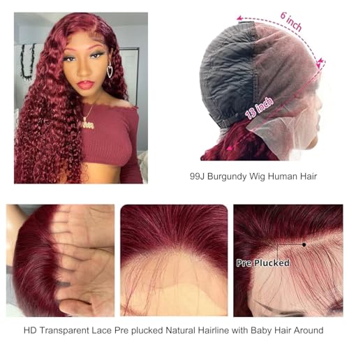16 Inch Burgundy Human Hair Wigs Deep Wave Lace Front 13x6 Pre Plucked Natural Hairline
