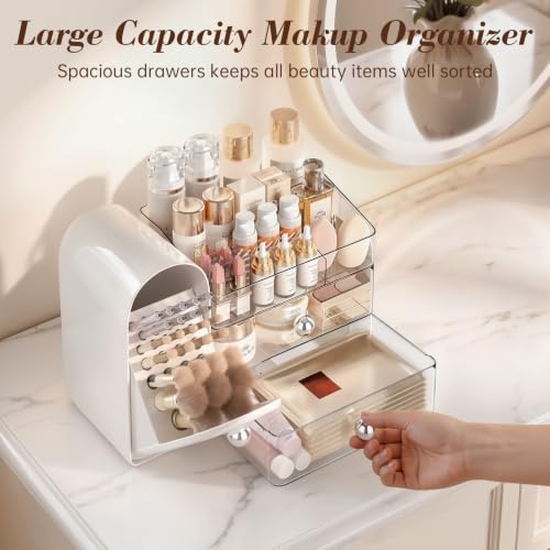 Delamu White Large Vanity Makeup Organizer – 3-in-1 with 27 Compartments