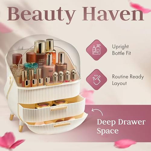 Large Clear Makeup Organizer with Lid & Drawers - White Variation
