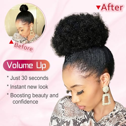 8 Inch Afro Puff Ponytail Extensions Human Hair Natural Black Clip-On Curly Bun