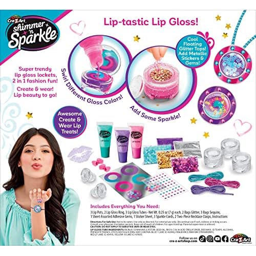 Shimmer 'n Sparkle Glitter & Gem Lip Gloss Lockets DIY Activity Set, DIY Lip Gloss Maker, Birthday for Ages 8 and Up