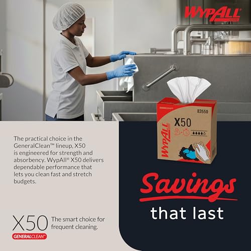 WypAll GeneralClean X50 Cleaning Cloths Pack of 10 Boxes, 1680 White Disposable Towels