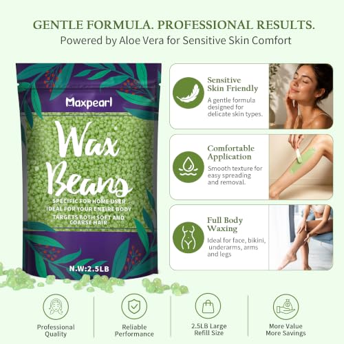 Green Aloe Wax Beads for Sensitive Skin 2.5LB Hard Wax Beans Refill Pack