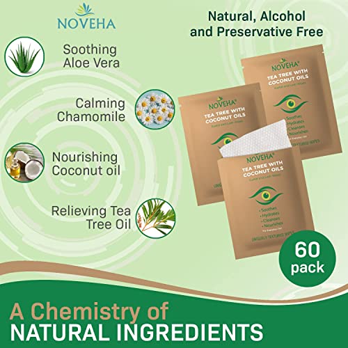 NOVEHA 120PCs Tea Tree & Coconut Oil Eyelid & Lash Wipes - For Demodex, Blepharitis & Itchy Eyes, Individually Wrapped Eyelash Wipes With Aloe Vera, Natural Makeup Remover & Daily Eye Cleanser - 2pack