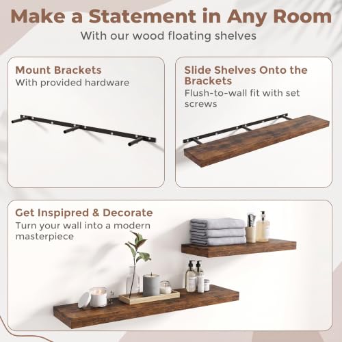 Marsmiles Rustic Brown 48 Inch Floating Wall Shelves 2-Pack, 8"D Wood Grain Bathroom & Home Storage