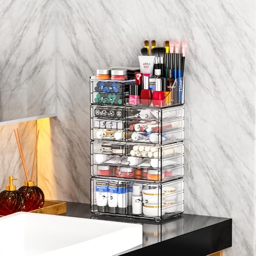4 Pack Acrylic Makeup Organizer with 14 Drawers for Vanity and Bathroom Storage - Clear