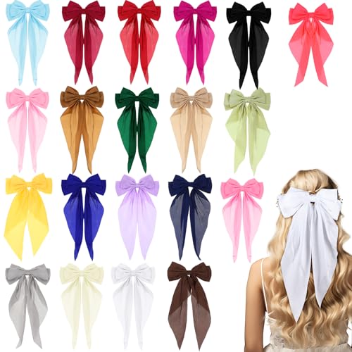 Large Satin Hair Bows for Women & Girls - 20 Colorful Hair Accessories with Long Tails