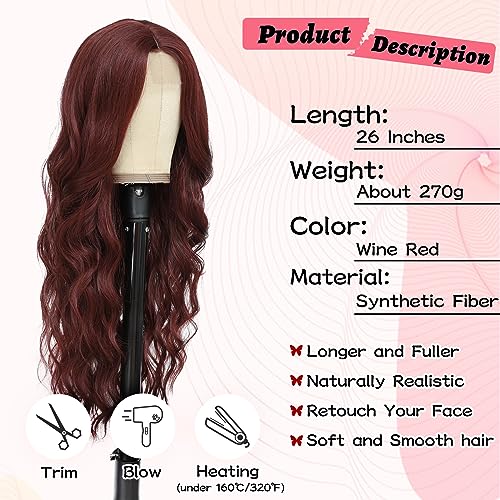 Wine Red Wavy Cosplay Wigs for Women 26 Inch Middle Part Synthetic Hair - NAYOO