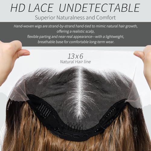 Synthetic Lace Front Wig 13x6 HD Highlight Brown Mix Blonde, 28 Inch Body Wave for Women
