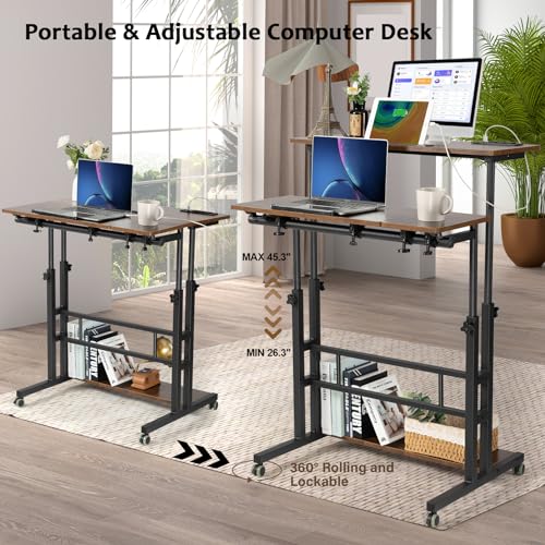 Hadulcet Adjustable Height Mobile Standing Desk with Charging Station - Rustic Brown, 31.5"