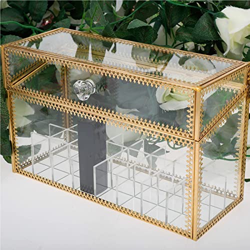 Glass Lipstick Organizer with Lid, 24 Slots Vintage Makeup Storage Box