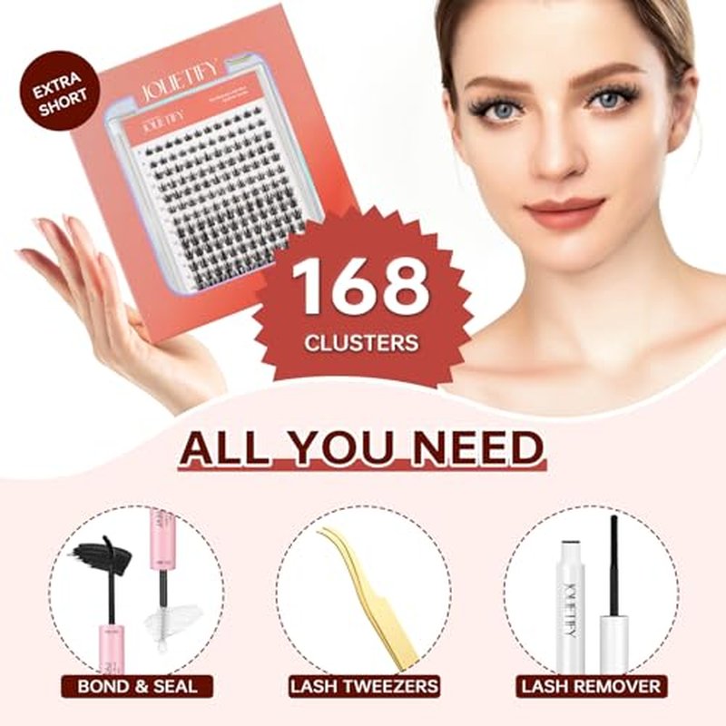 Lash Extension Kit, Medium Dense Faux Mink 8?14mm with More Short Clusters, Natural Styled Clusters, Sculpted Yet Flowy Design, Individual Lashes, Waterproof Bond & Seal, Tweezers & Remover