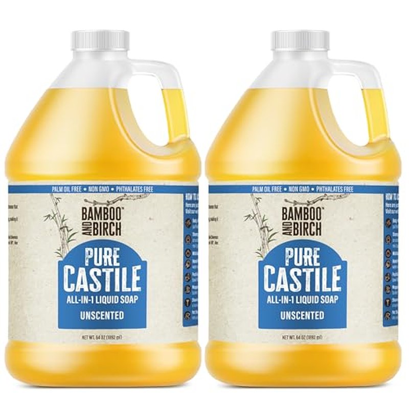 BAMBOO AND BIRCH Pure Castile Soap Liquid, Certified Palm Oil Free Natural Soap, Unscented, 1 Gallon
