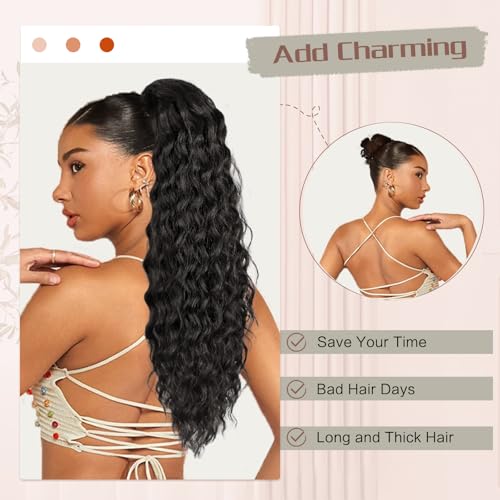 24 Inch Curl & Wavy Ponytail Extension for Black Women - Natural Black, Curly, Clip-In, Drawstring Style, Variation: Black Brown