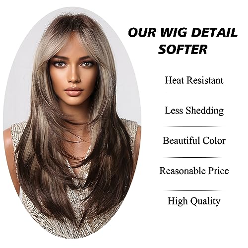 Long Blonde Brown Wigs for Women with Curtain Bangs - 24 Inch Synthetic Layered Cosplay & Daily Use