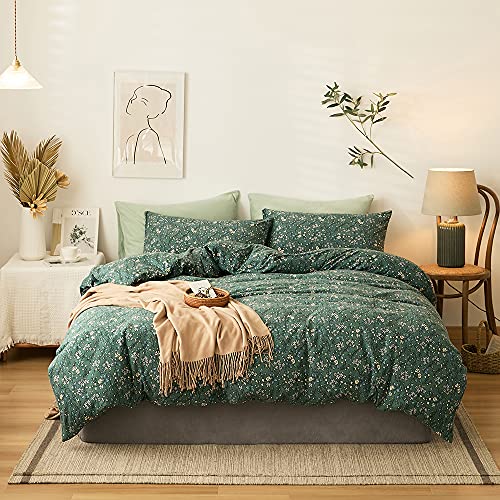 Queen Green Floral Jersey Knit Cotton Duvet Cover Set - Vintage Botanical Bedding