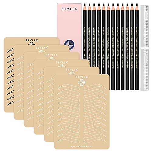 Bundle of Microblading Supplies 6 Piece Inkless Double Sided Practice Skin For Eyebrow Tattoos and 12 Piece Waterproof Eyebrow Pencil, Mapping Pencil Set To Practice Brow Micro-Blading And Needling
