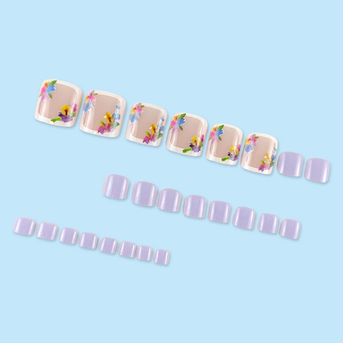 24Pcs Purple Press on Toenails Short Square Fake Toe Nails with Colorful Flower Designs Summer Toenail Press ons Full Cover Cute Acrylic False Toenails Reusable Glue on Toe Nails for Women