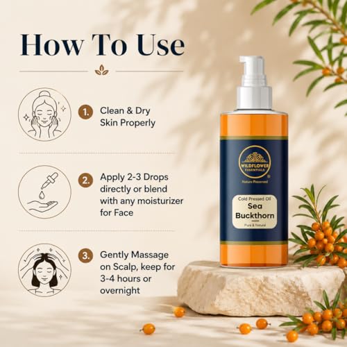Wildflower Essentials 3.38oz Sea Buckthorn Oil - Natural Cold Pressed Face & Skin Moisturizer with Pump