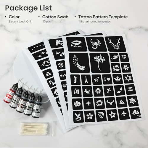 Temporary Tattoo Kit 5 Bottles Color Inks,115 Pcs Stencils Kit for Body Paint DIY Fake Tattoos for Kids(black*2, brown, red, cyan)