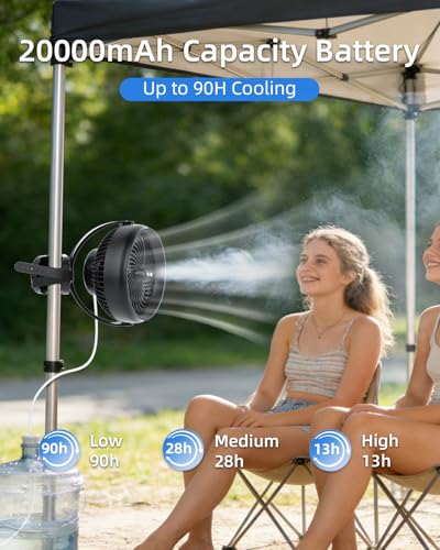 Black Portable Misting Fan with Clip 20000mAh Battery for Golf, Camping