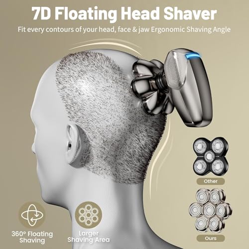 7D Waterproof Electric Head Shaver for Bald Men - Rechargeable Wet & Dry Rotary Razor with Detachable Head and LED Display