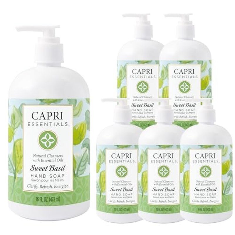 Capri Essentials Hand Soap Liquid, Natural Household Cleaning Supplies, Gentle Plant Based Aromatic Hand Wash with a Blend of Essential Oils, Removes Dirt & Grime, Sweet Basil Scent, 16 FL Oz (6 Pack)