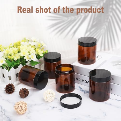 KUKLIPJIM Brown Plastic Jars 8 oz (250 ml) Pack of 30 with Black Lids | Wide-Mouth Cosmetic & Storage Containers