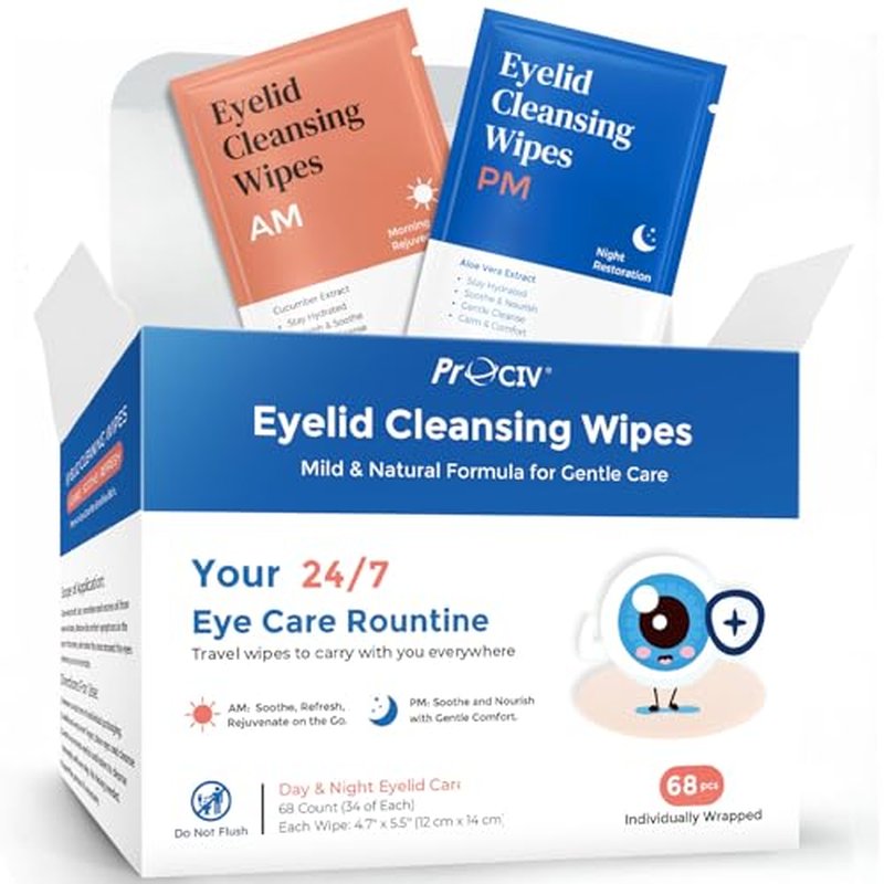 Day & Night Eyelid Wipes for Dry Eyes & Blepharitis Relief - Morning Revitalizing & Evening Soothing Restoration, Dual Use Eyelid & Lash Cleaner for Women and Men, Travel Essentials