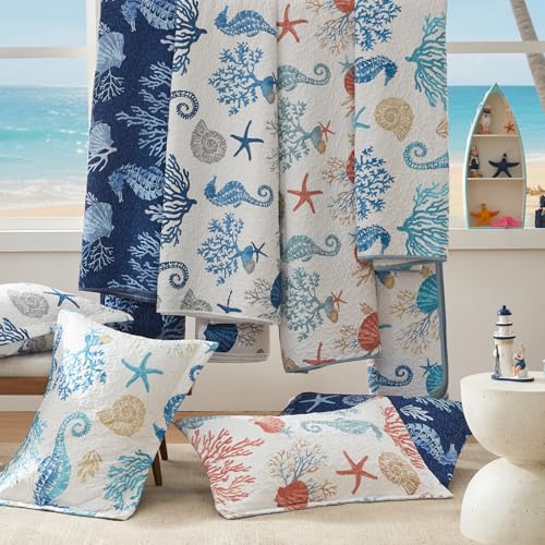 LEAONME Coastal California King Quilt Set Navy Reversible Microfiber Bedspread