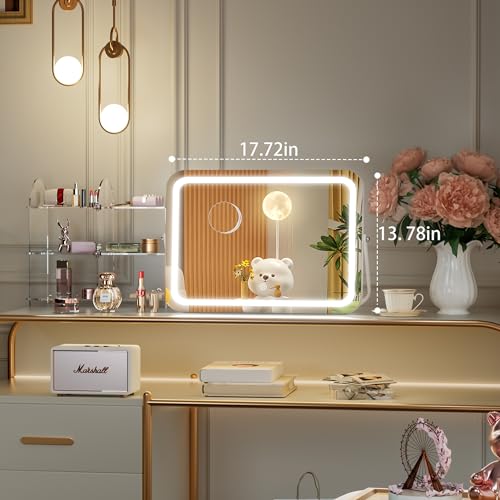 Hasipu Vanity Mirror with Lights, 18" x 14" LED Makeup Mirror, 3 Modes Light, Smart Touch Control Dimmable, 360¡ÆRotation, Rectangle White Frame, with 5X Magnifying Glass