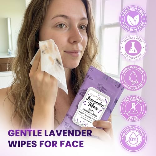 BeautyFrizz Lavender Face Wipes - 120 pcs - Gentle Makeup Remover Wipes for Women - Facial Cleansing Wipe with Aloe, Castor, Vitamin A and E - Extra Soft - Moisturizing