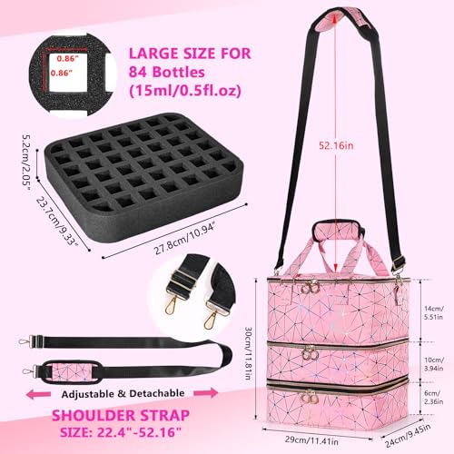 Nail Polish Organizer Bag,3-layer Pink PU Leather Nail Organizer and storage,Holds 84 Bottles of Nail Polish and Nail Lamp,Large Holder Travel Carrying Case.