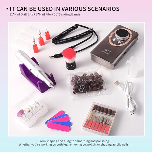 Electric Nail File for Acrylic Nail Kit 45000RPM Electric Black Nail Drill Professional Manicure Pedicure Set with Nail Drill Kit Bits Efile Cordless for Manicure