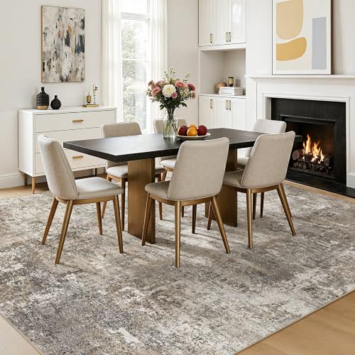 9x12 Rectangular Area Rug - Abstract Washable Living Room Carpet in Gold, Brown & Grey - Non-Slip Backing