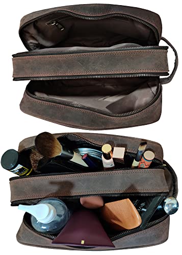 Leather Travel Toiletry Bag for Men Dark Brown Full-Grain Buffalo Leather Dopp Kit