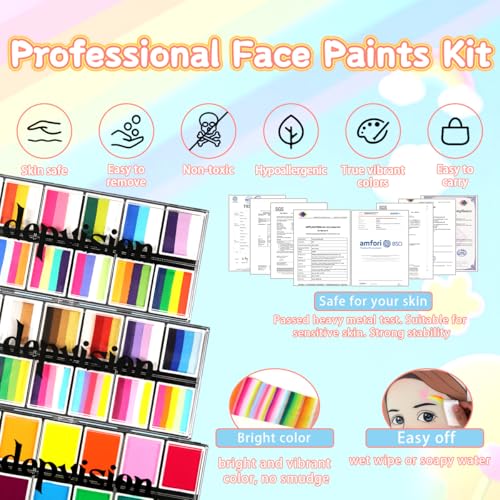 Professional Face Painting kit for kids, Depvision 68 Colors Split Cake Face Paint Kit, Non-Toxic Washable Safe Water Based Body Paint kit with Brushes Stencils Sponge Gems Glitter for Halloween gift