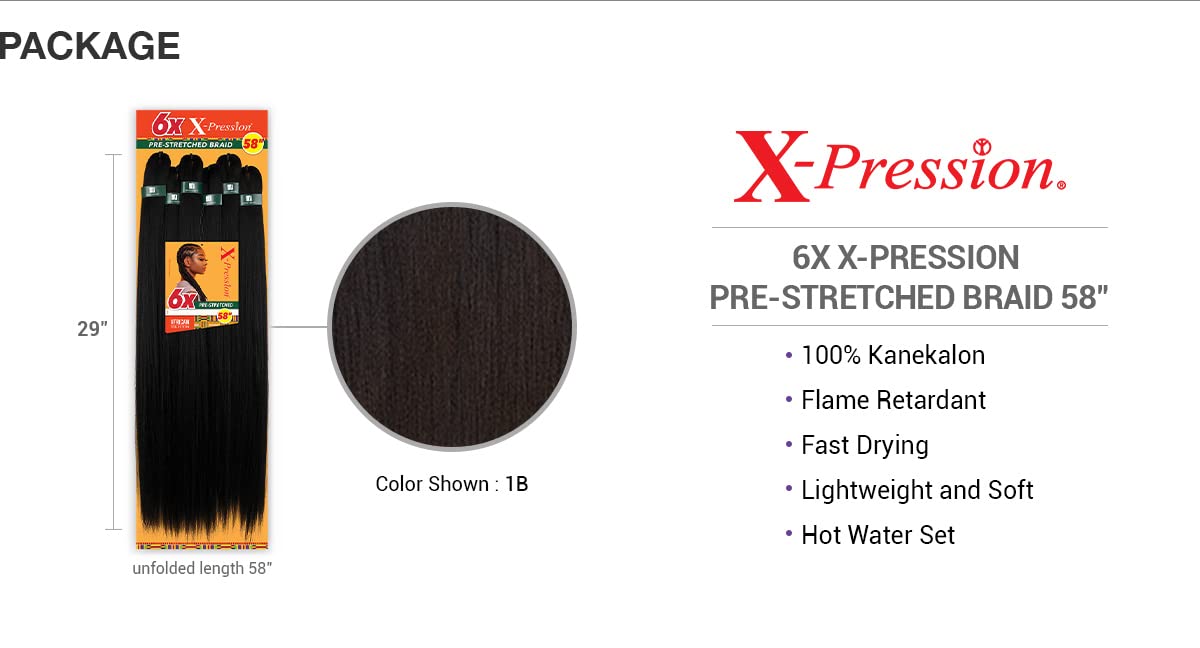 Sensationnel Xpression prestretched braiding hair - Kanekalon flame retardant smooth yaki braid hair extension 6X 58 inch (Color:1B OFF BLACK)