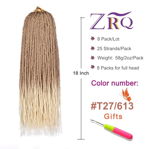 ZRQ 8 Pack Senegalese Twist Crochet Hair 18 Inch Ombre Blonde Pre Looped Synthetic Braids – Small Havana Twist for Women & Kids, 27/613#