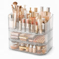 Large Clear Stackable Makeup Organizer with 2 Drawers & 360° Rotating Brush Holder