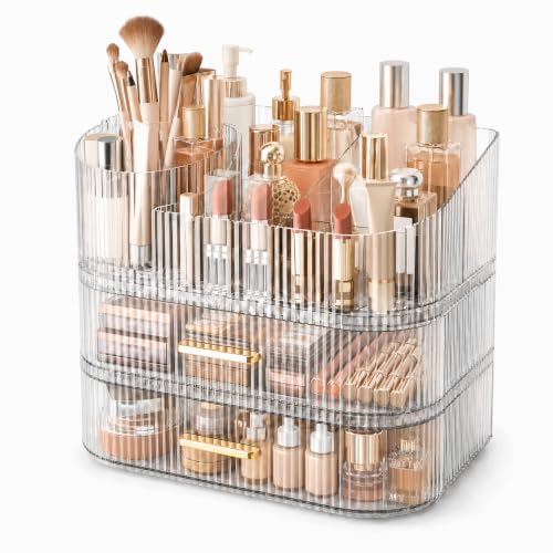 Large Clear Stackable Makeup Organizer with 2 Drawers & 360° Rotating Brush Holder