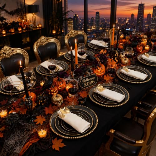 Black and Gold Disposable Plastic Plates Set for Parties - Heavy Duty, 200 Pieces - Halloween, Wedding, Birthday