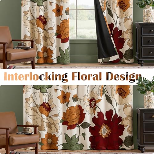 Boho Floral Blackout Curtains 84 Inch Grommet Panels - Orange/Red, 50W x 84L, Pack of 2