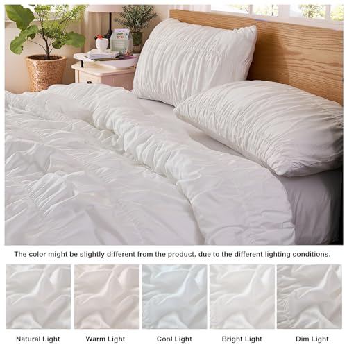 Queen Size Cotton Ruffled Comforter Set with Pleated Texture - White