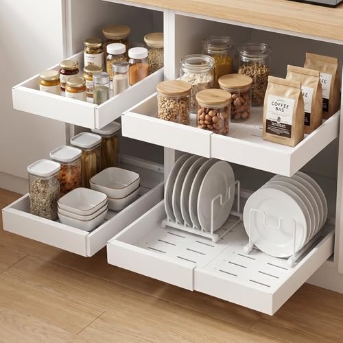 White 4 Pack Pull Out Cabinet Organizers Adjustable Width 12.4-20.27 inches