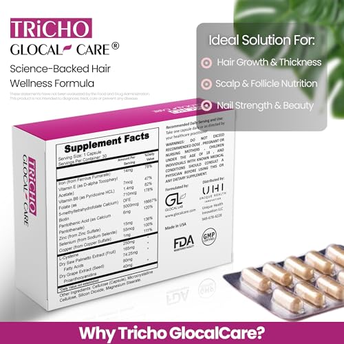 GlocalCare Tricho Hair Growth Supplements with Biotin & Saw Palmetto - DHT Blocker for Thinning Hair - 30 Capsules