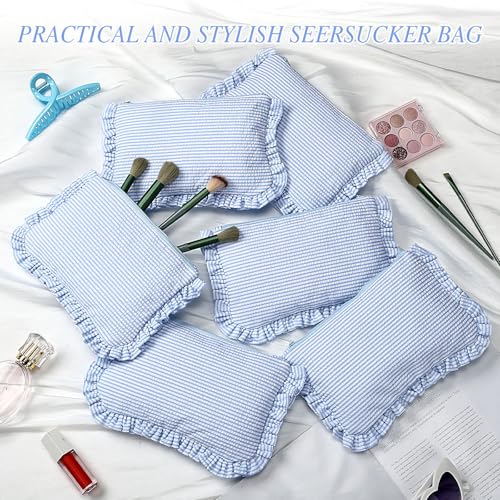 Seersucker Makeup Bag Set - Light Blue Striped with Ruffles, 6 Pack