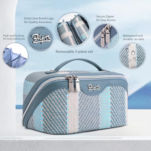 BOYATU Travel Makeup Bag Cosmetic Bag for Women: 3 Pcs Set Make up Bag with Compartments - Waterproof Vegan Leather Toiletry Bags with Handle - Makeup Organizer for Travel Essentials(C-1-Blue)